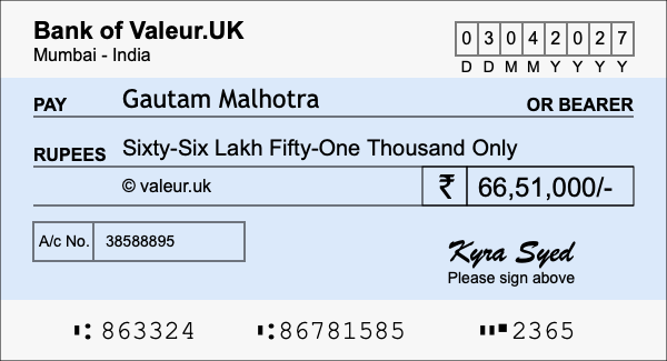 How to write a cheque for 66.51 lakh rupees