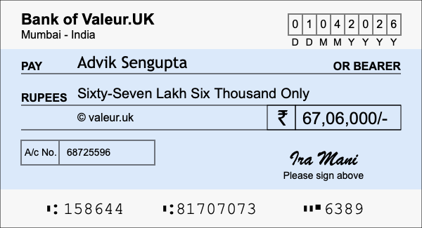 How to write a cheque for 67.06 lakh rupees