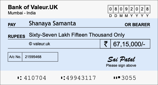 How to write a cheque for 67.15 lakh rupees How to write a cheque for 67.15 lakh rupees