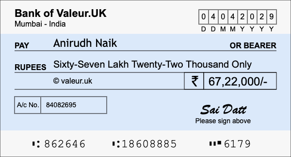 How to write a cheque for 67.22 lakh rupees How to write a cheque for 67.22 lakh rupees