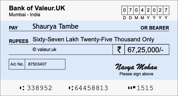 How to write a cheque for 67.25 lakh rupees How to write a cheque for 67.25 lakh rupees