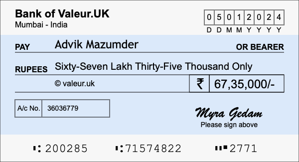How to write a cheque for 67.35 lakh rupees How to write a cheque for 67.35 lakh rupees