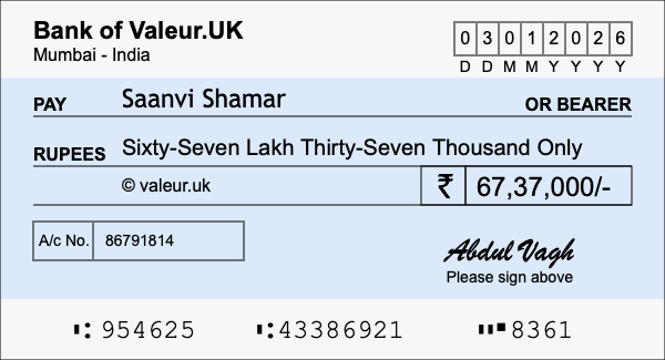 How to write a cheque for 67.37 lakh rupees How to write a cheque for 67.37 lakh rupees