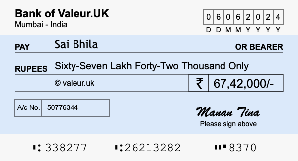 How to write a cheque for 67.42 lakh rupees