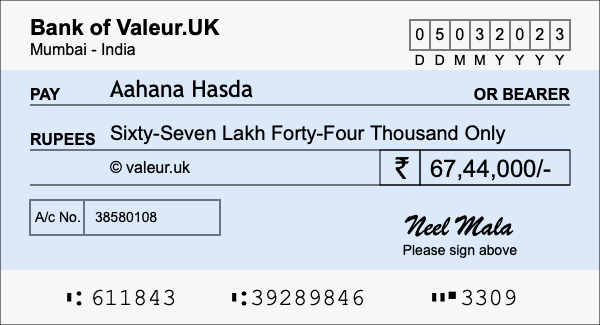 How to write a cheque for 67.44 lakh rupees