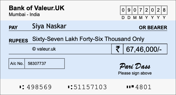 How to write a cheque for 67.46 lakh rupees