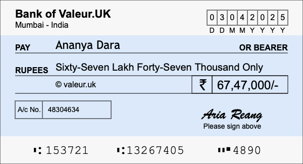 How to write a cheque for 67.47 lakh rupees