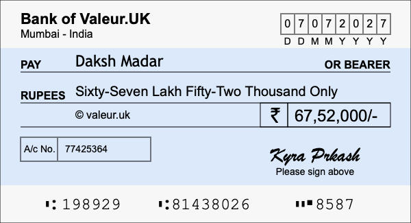 How to write a cheque for 67.52 lakh rupees