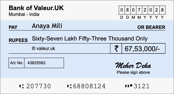 How to write a cheque for 67.53 lakh rupees