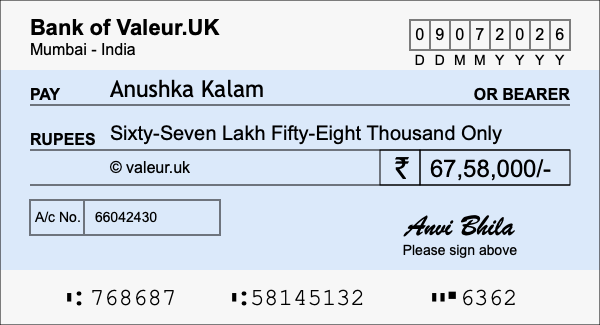 How to write a cheque for 67.58 lakh rupees
