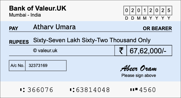 How to write a cheque for 67.62 lakh rupees