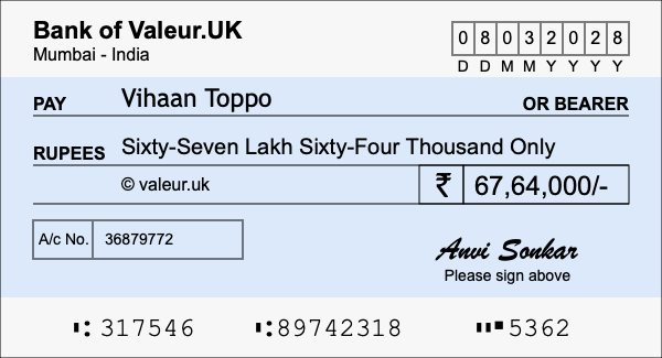 How to write a cheque for 67.64 lakh rupees