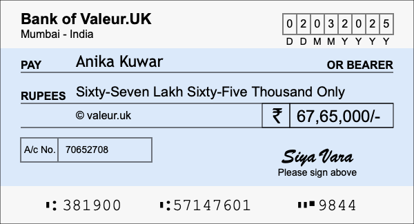 How to write a cheque for 67.65 lakh rupees