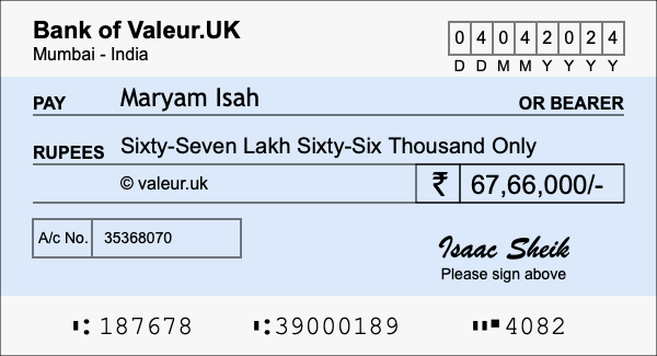 How to write a cheque for 67.66 lakh rupees