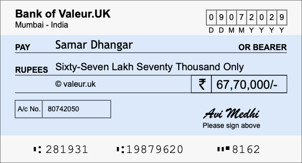 How to write a cheque for 67.7 lakh rupees