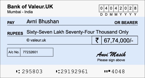 How to write a cheque for 67.74 lakh rupees