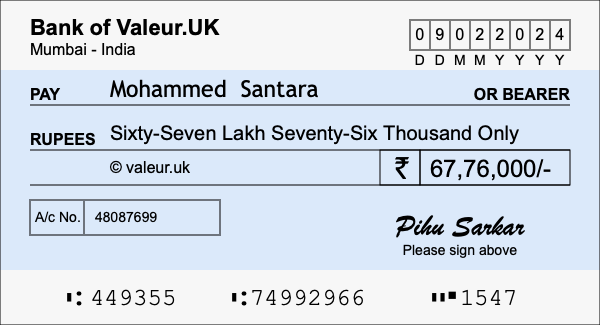 How to write a cheque for 67.76 lakh rupees