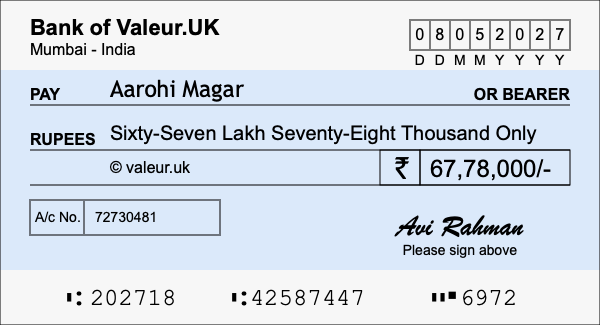 How to write a cheque for 67.78 lakh rupees