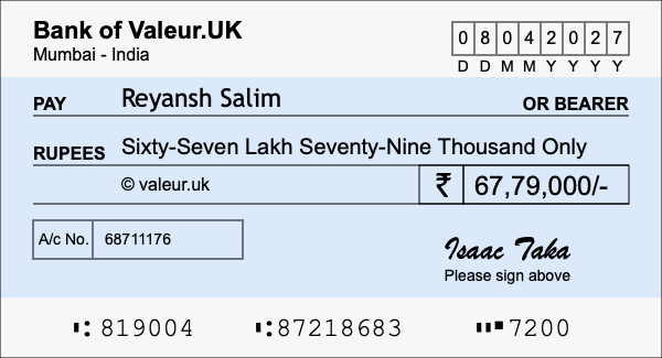 How to write a cheque for 67.79 lakh rupees