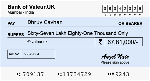 How to write a cheque for 67.81 lakh rupees