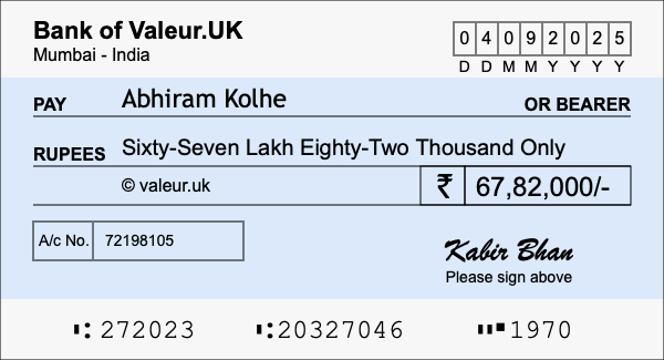 How to write a cheque for 67.82 lakh rupees