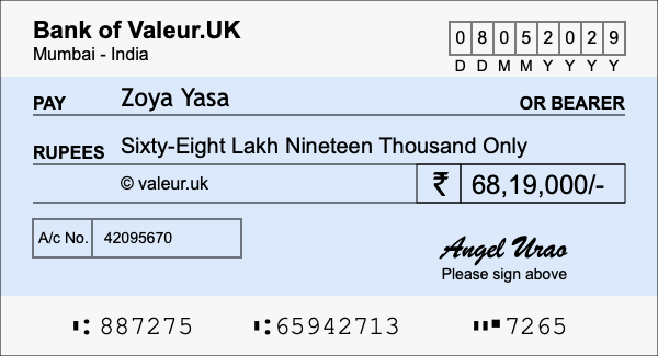 How to write a cheque for 68.19 lakh rupees