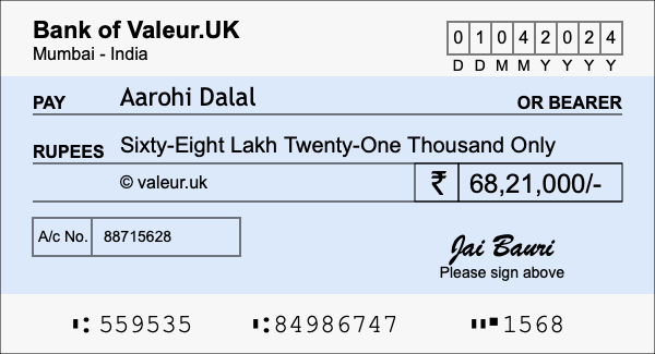 How to write a cheque for 68.21 lakh rupees