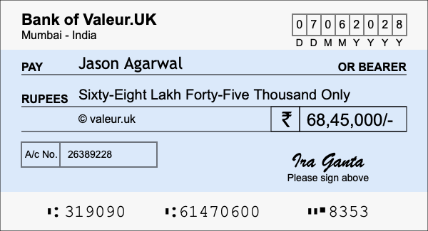 How to write a cheque for 68.45 lakh rupees