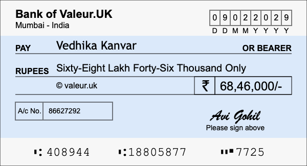 How to write a cheque for 68.46 lakh rupees