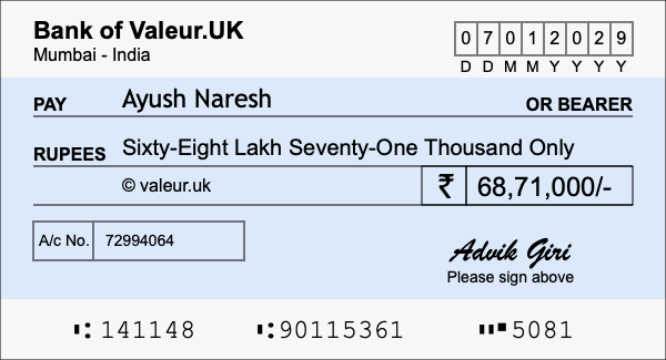 How to write a cheque for 68.71 lakh rupees