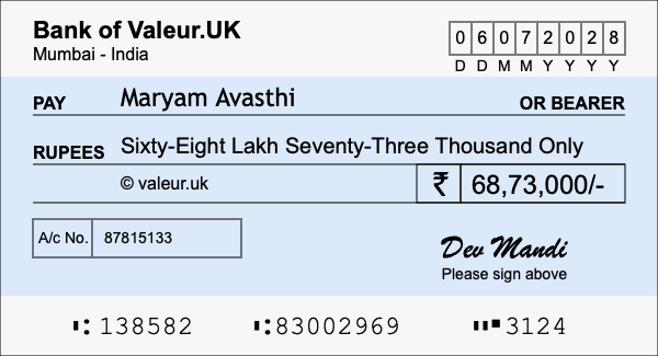 How to write a cheque for 68.73 lakh rupees