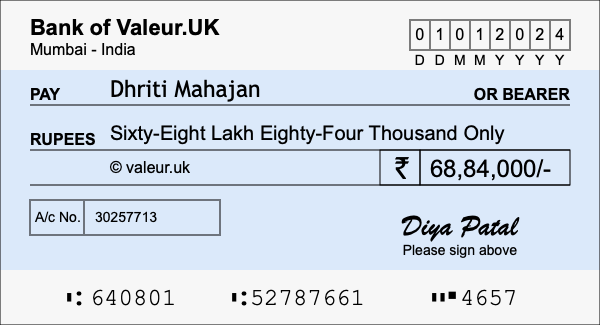 How to write a cheque for 68.84 lakh rupees