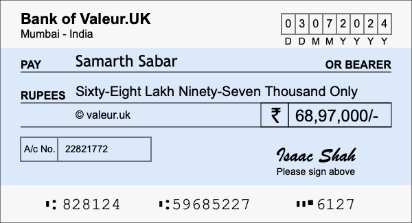 How to write a cheque for 68.97 lakh rupees