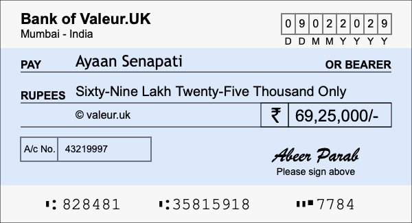 How to write a cheque for 69.25 lakh rupees