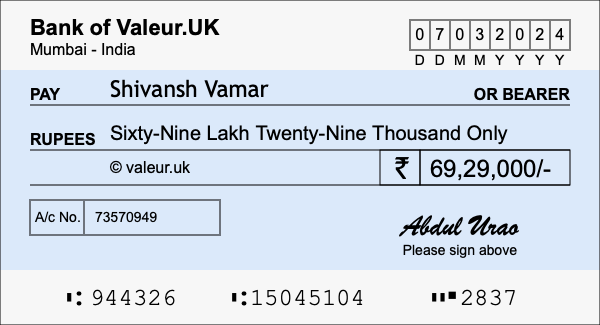 How to write a cheque for 69.29 lakh rupees