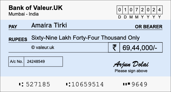 How to write a cheque for 69.44 lakh rupees