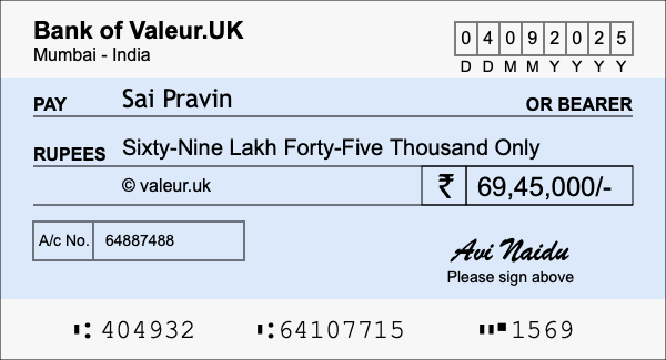 How to write a cheque for 69.45 lakh rupees
