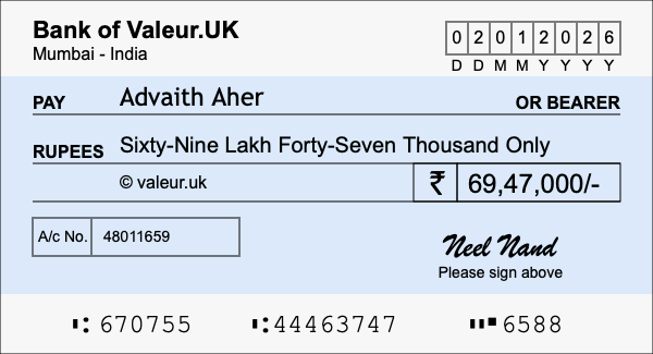 How to write a cheque for 69.47 lakh rupees