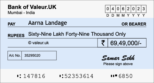How to write a cheque for 69.49 lakh rupees