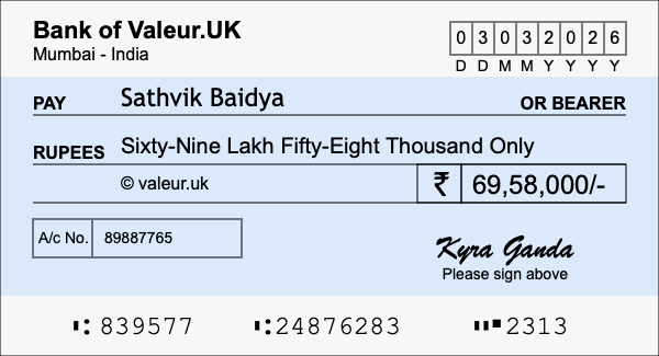How to write a cheque for 69.58 lakh rupees