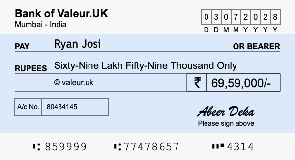How to write a cheque for 69.59 lakh rupees