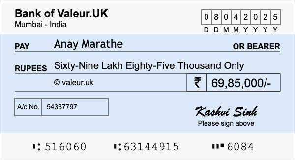 How to write a cheque for 69.85 lakh rupees How to write a cheque for 69.85 lakh rupees