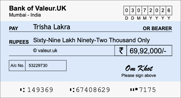 How to write a cheque for 69.92 lakh rupees How to write a cheque for 69.92 lakh rupees