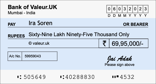 How to write a cheque for 69.95 lakh rupees How to write a cheque for 69.95 lakh rupees