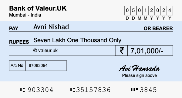 How to write a cheque for 7.01 lakh rupees How to write a cheque for 7.01 lakh rupees