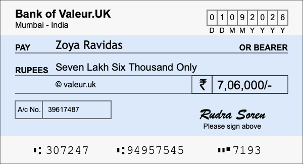 How to write a cheque for 7.06 lakh rupees