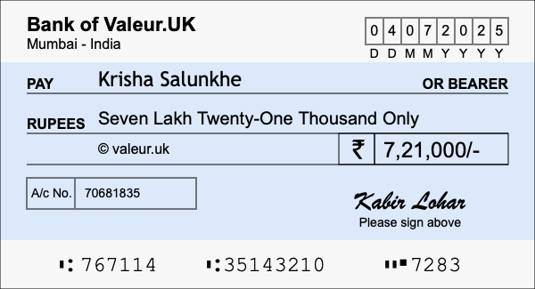 How to write a cheque for 7.21 lakh rupees