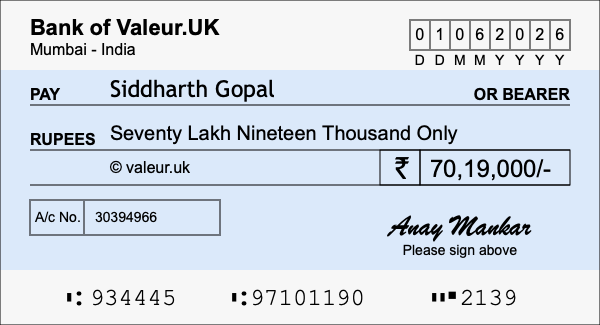 How to write a cheque for 70.19 lakh rupees