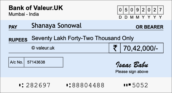 How to write a cheque for 70.42 lakh rupees