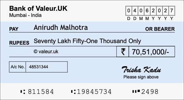 How to write a cheque for 70.51 lakh rupees